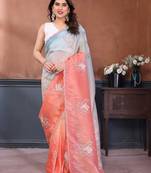 Rama & peach gold crush multicolored floral motifs embroidery saree