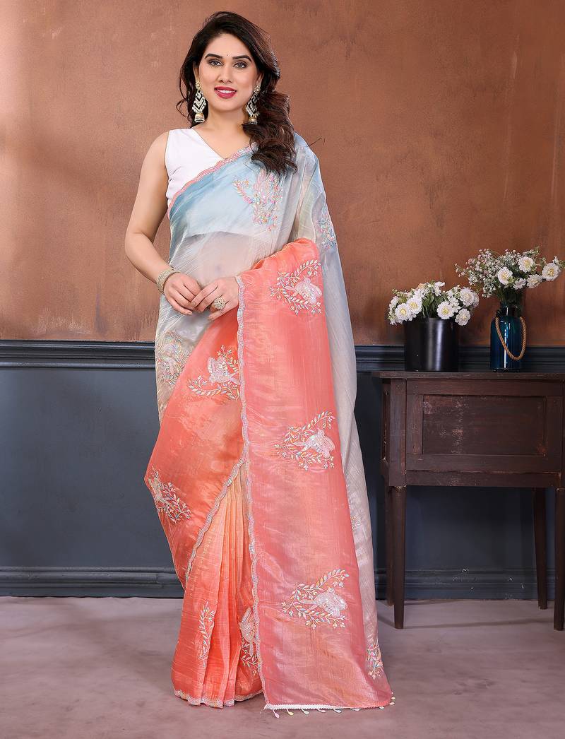 Rama & peach gold crush multicolored floral motifs embroidery saree
