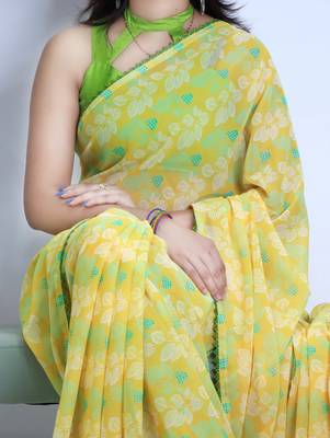 Lemon color  all over floral printed with premium lace border weightless saree with unstitched blouse 2