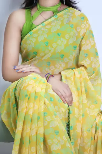 Lemon color  all over floral printed with premium lace border weightless saree with unstitched blouse
