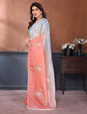 Rama & peach gold crush multicolored floral motifs embroidery saree 2
