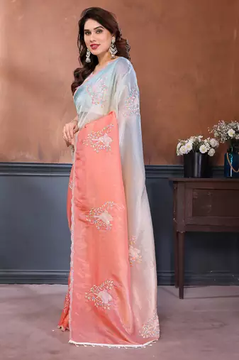 Rama & peach gold crush multicolored floral motifs embroidery saree