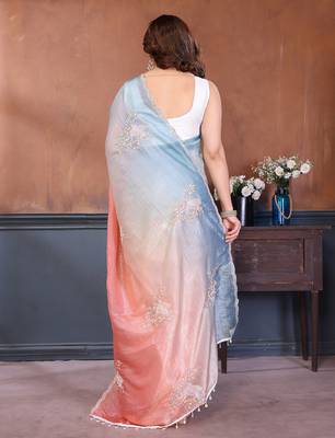 Rama & peach gold crush multicolored floral motifs embroidery saree 3