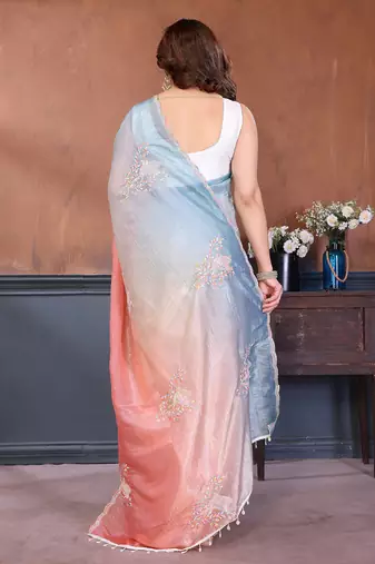 Rama & peach gold crush multicolored floral motifs embroidery saree
