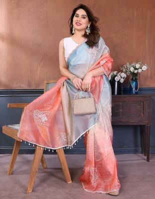 Rama & peach gold crush multicolored floral motifs embroidery saree 4