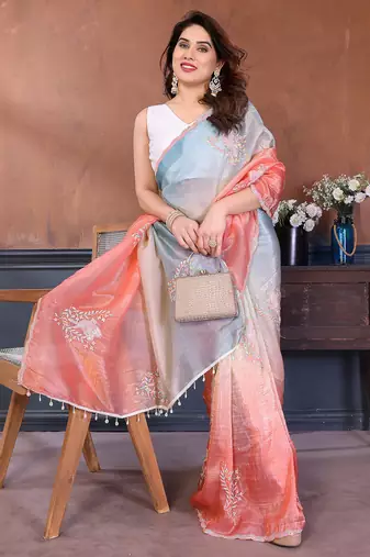 Rama & peach gold crush multicolored floral motifs embroidery saree