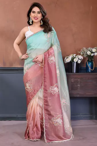 Rama & bit gold crush multicolored floral motifs embroidery saree
