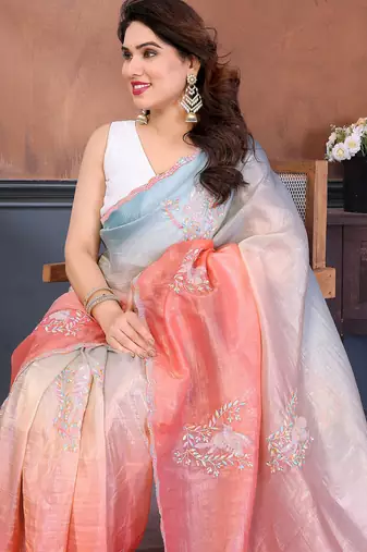 Rama & peach gold crush multicolored floral motifs embroidery saree