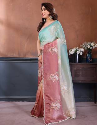 Rama & bit gold crush multicolored floral motifs embroidery saree 2