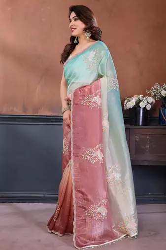 Rama & bit gold crush multicolored floral motifs embroidery saree