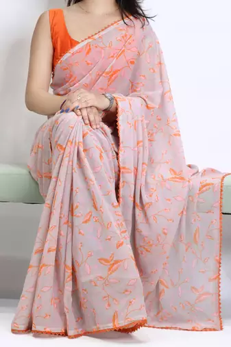 Orange color  all over floral printed with premium lace border weightless saree with unstitched blouse