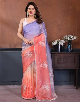 Peach & lavender gold crush multicolored floral motifs embroidery saree 1