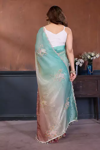 Rama & bit gold crush multicolored floral motifs embroidery saree