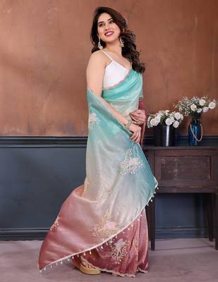 Rama & bit gold crush multicolored floral motifs embroidery saree 4
