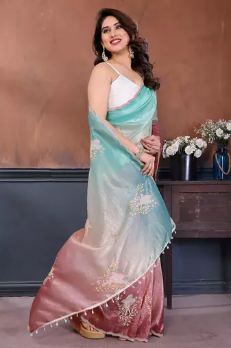 Rama & bit gold crush multicolored floral motifs embroidery saree