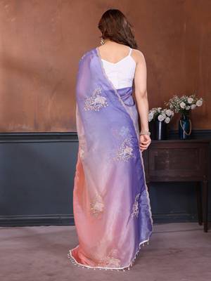 Peach & lavender gold crush multicolored floral motifs embroidery saree 3