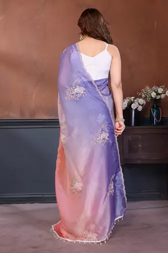 Peach & lavender gold crush multicolored floral motifs embroidery saree
