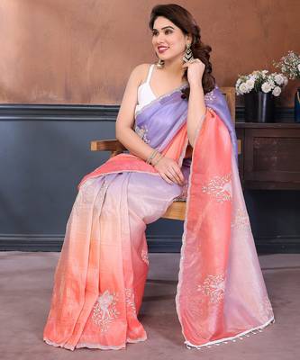 Peach & lavender gold crush multicolored floral motifs embroidery saree 4