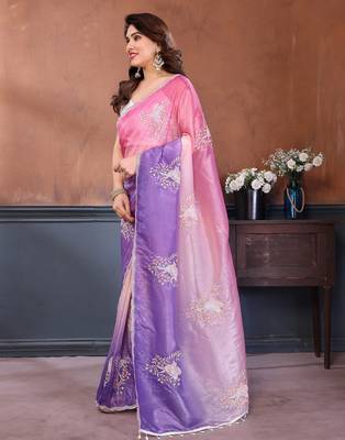 Pink & lavender gold crush multicolored floral motifs embroidery saree 2