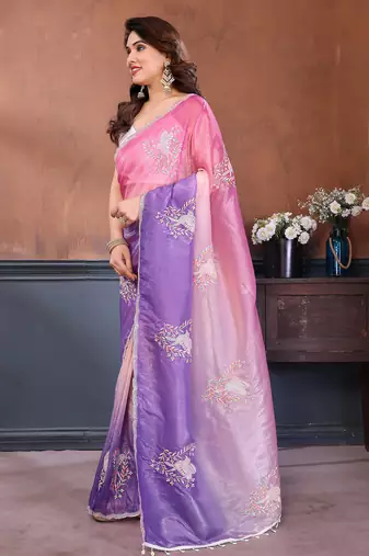 Pink & lavender gold crush multicolored floral motifs embroidery saree