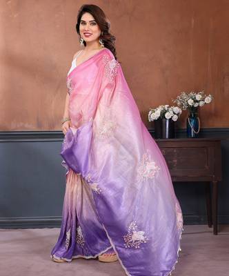 Pink & lavender gold crush multicolored floral motifs embroidery saree 4