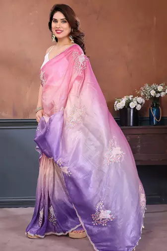 Pink & lavender gold crush multicolored floral motifs embroidery saree