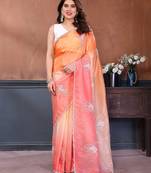 Pink & orange gold crush multicolored floral motifs embroidery saree