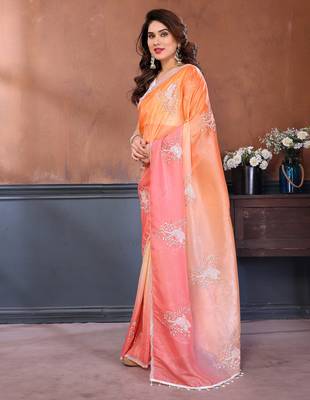 Pink & orange gold crush multicolored floral motifs embroidery saree 2