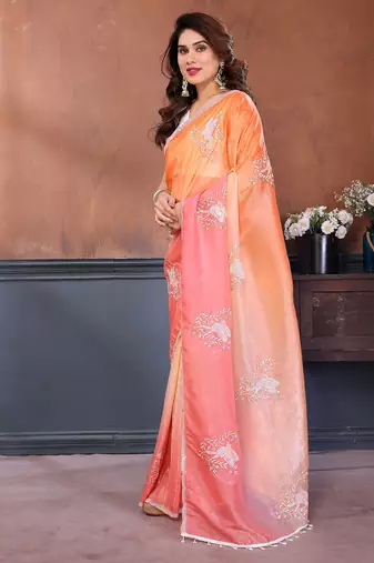 Pink & orange gold crush multicolored floral motifs embroidery saree