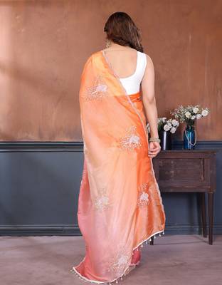 Pink & orange gold crush multicolored floral motifs embroidery saree 3