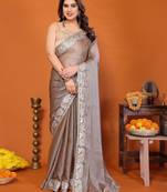Grey chiffon solid zari embroidery saree with sequin & stone embroidery border