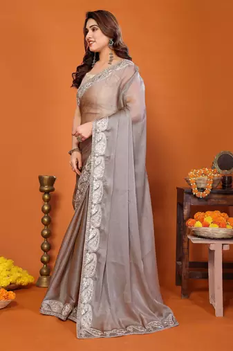 Grey chiffon solid zari embroidery saree with sequin & stone embroidery border