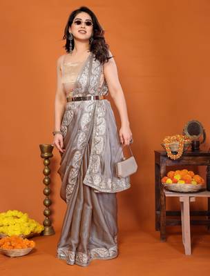 Grey chiffon solid zari embroidery saree with sequin & stone embroidery border 3