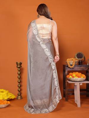 Grey chiffon solid zari embroidery saree with sequin & stone embroidery border 4