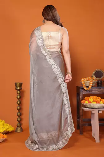 Grey chiffon solid zari embroidery saree with sequin & stone embroidery border