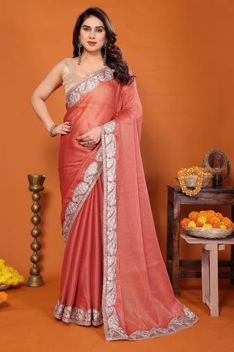 Orange chiffon solid zari embroidery saree with sequin & stone embroidery border