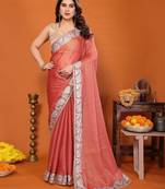 Orange chiffon solid zari embroidery saree with sequin & stone embroidery border