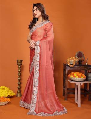 Orange chiffon solid zari embroidery saree with sequin & stone embroidery border 3