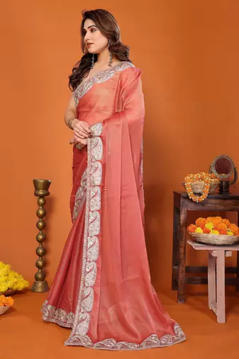 Orange chiffon solid zari embroidery saree with sequin & stone embroidery border