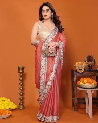 Orange chiffon solid zari embroidery saree with sequin & stone embroidery border 4