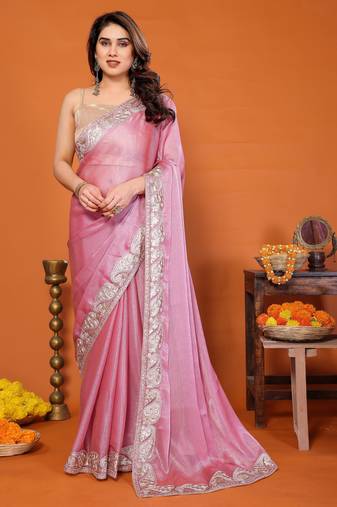 Pink chiffon solid zari embroidery saree with sequin & stone embroidery border