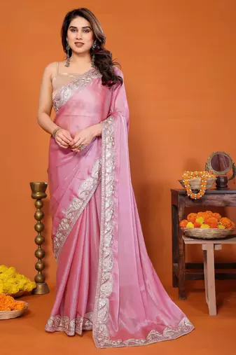Pink chiffon solid zari embroidery saree with sequin & stone embroidery border