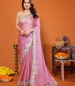 Pink chiffon solid zari embroidery saree with sequin & stone embroidery border