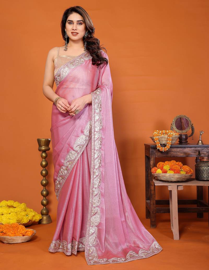 Pink chiffon solid zari embroidery saree with sequin & stone embroidery border
