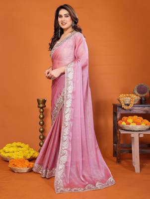 Pink chiffon solid zari embroidery saree with sequin & stone embroidery border 2