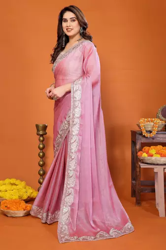 Pink chiffon solid zari embroidery saree with sequin & stone embroidery border
