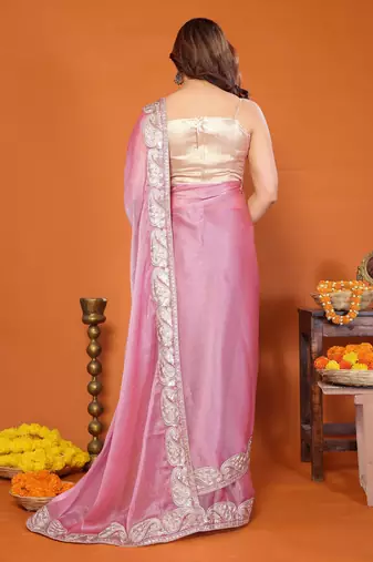 Pink chiffon solid zari embroidery saree with sequin & stone embroidery border