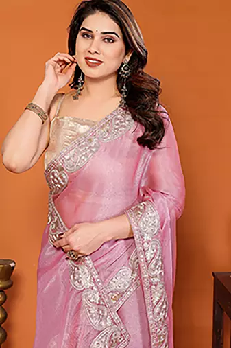 Pink chiffon solid zari embroidery saree with sequin & stone embroidery border