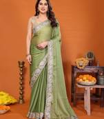 Pista chiffon solid zari embroidery saree with sequin & stone embroidery border