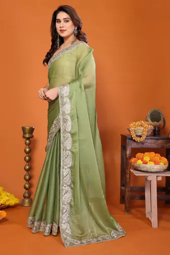 Pista chiffon solid zari embroidery saree with sequin & stone embroidery border